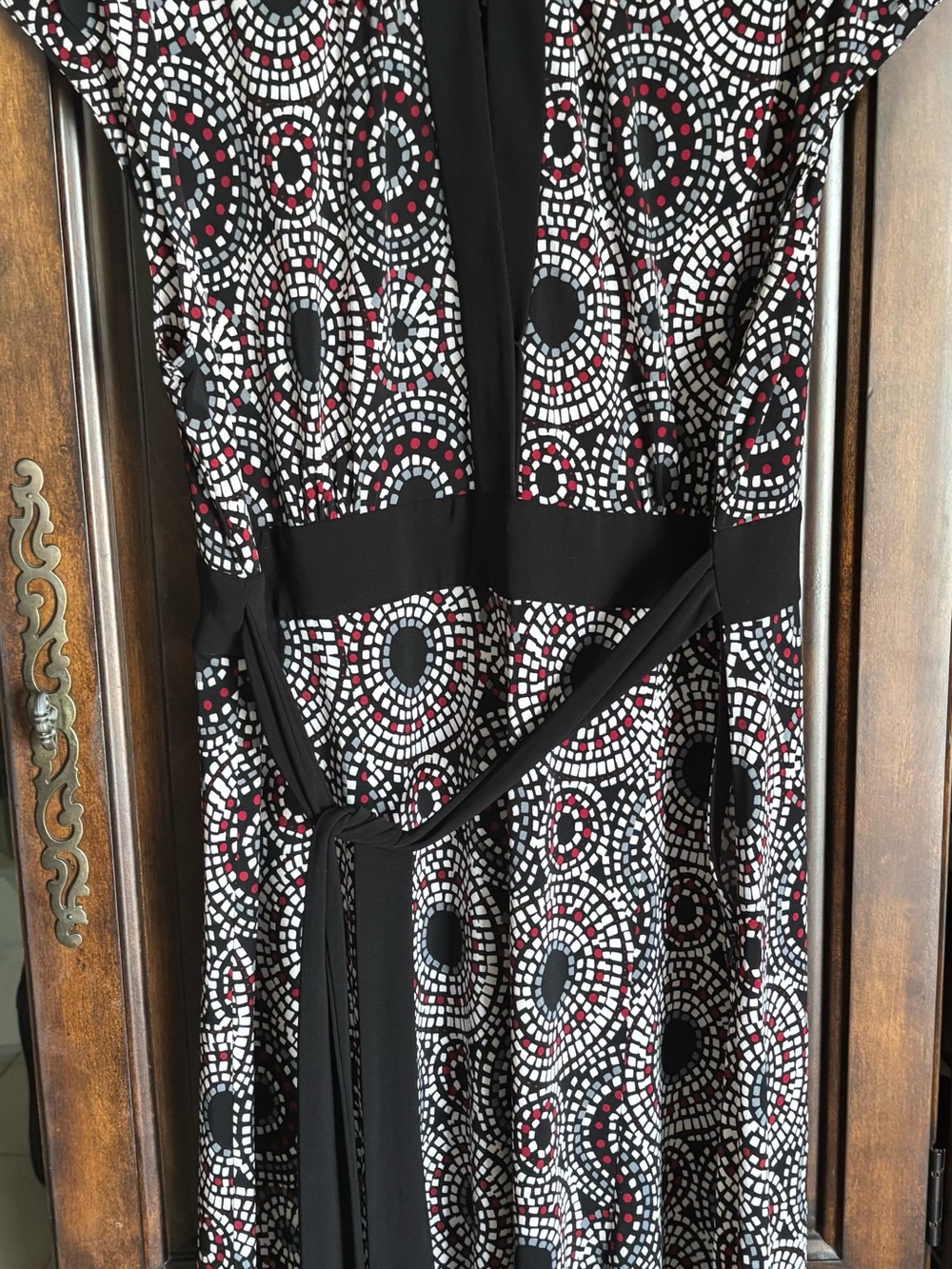 Tahari Black and White Mosaic Midi Dress with Red Dot Accents